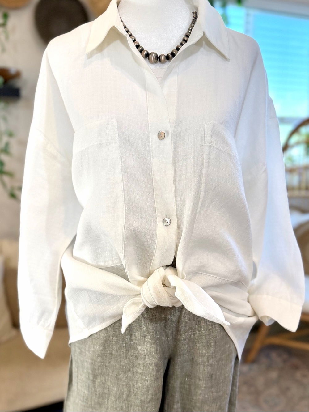 Eileen Fisher Top Linen Tencel White Collared Button Down Shirt Blouse Spring L - Picture 3 of 10